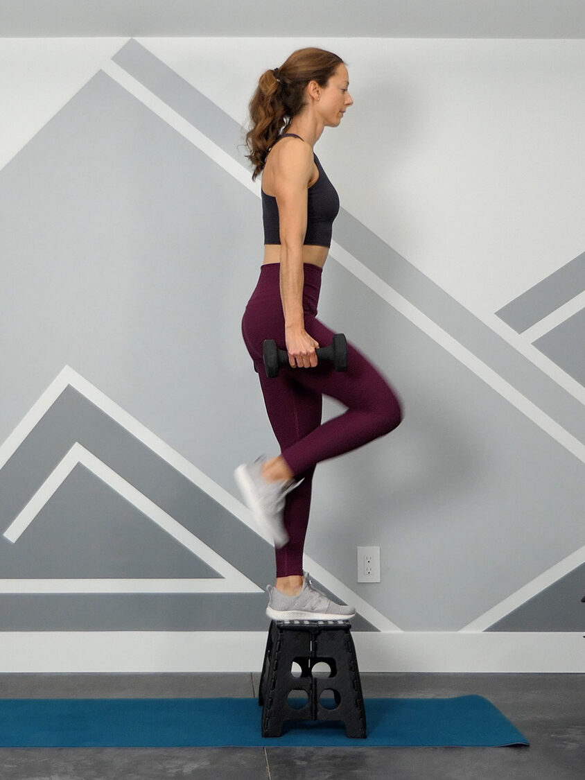 Kristen demonstrating a strength training exercise to get in shape for hiking.