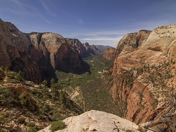 Red and orange colored rock walls towering above the main canyon in Zion National Park